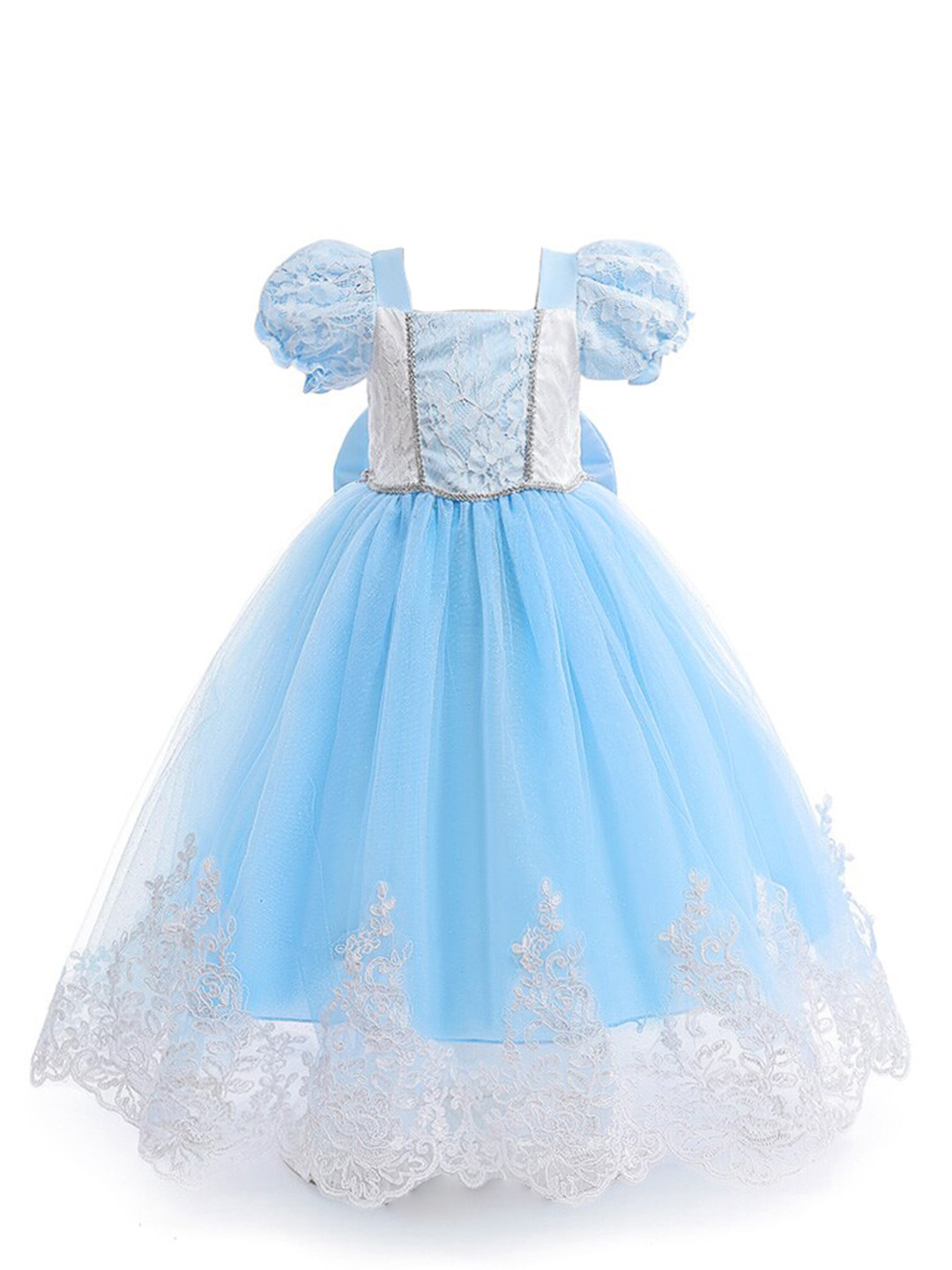 StyleCast Girls Blue Self Design Puff Sleeves Lace Inserts Detail Maxi Gown Dress
