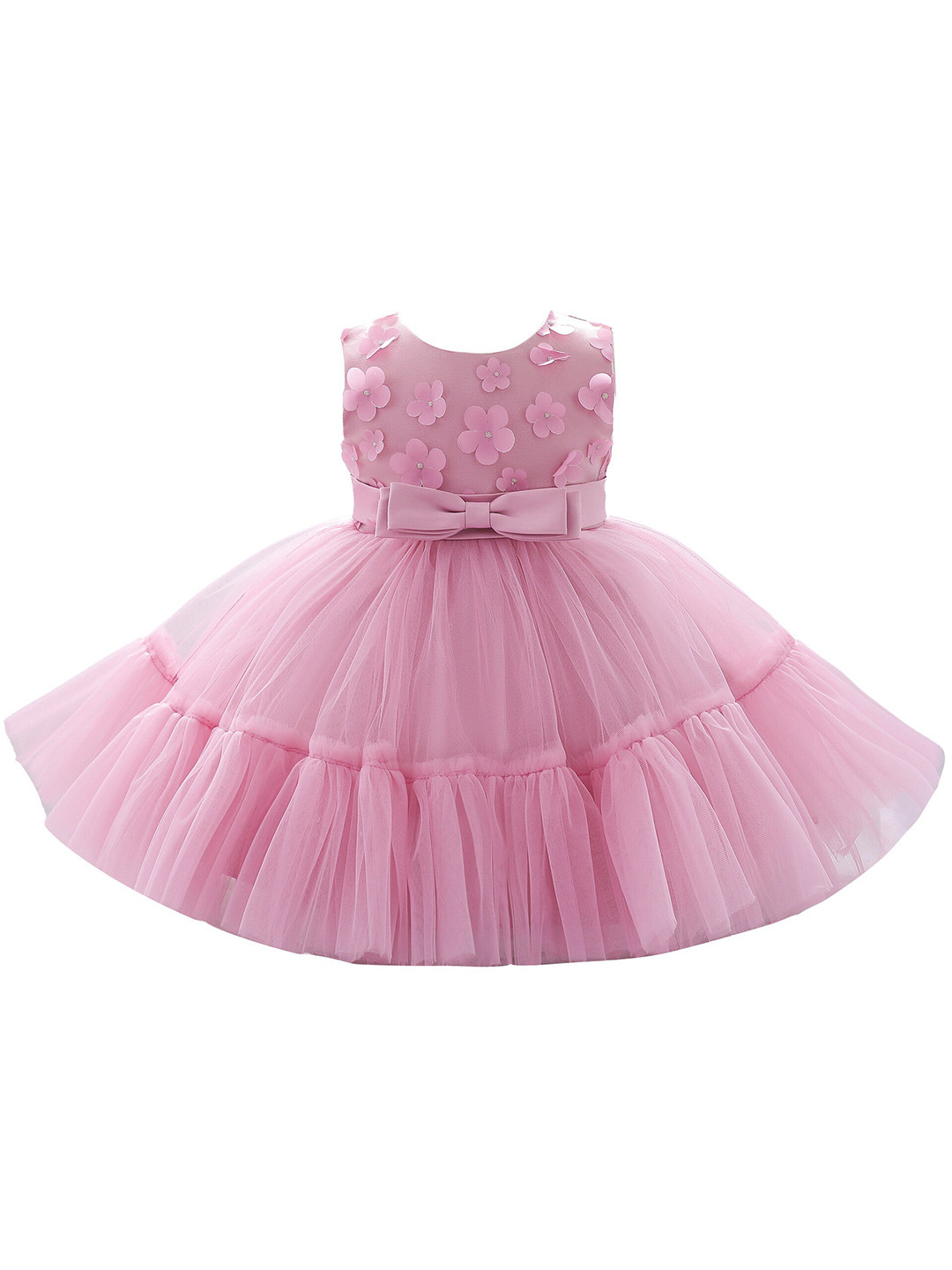 StyleCast Girls Pink Floral Self Design Bow Detail Tulle Net Fit & Flare Dress