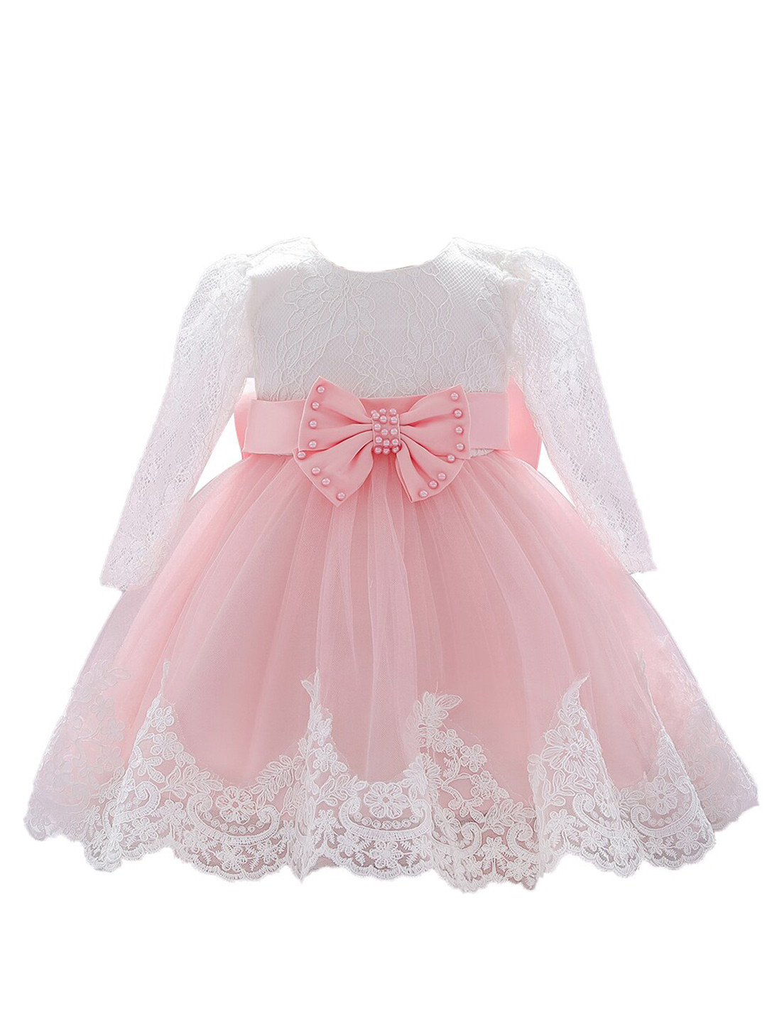 StyleCast Girls Pink & White Floral Self Design Puffed Sleeves Bow Fit & Flare Dress