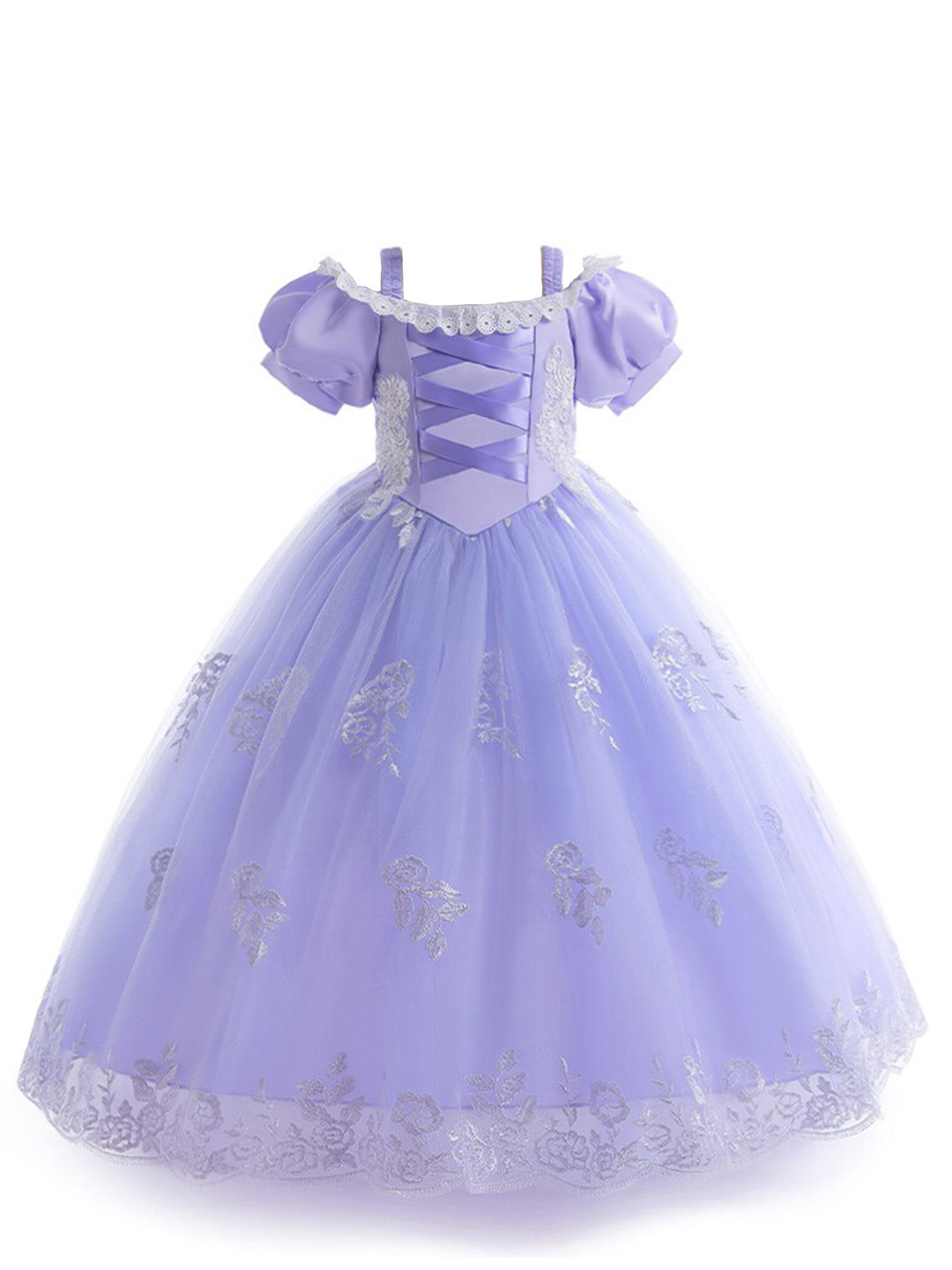 StyleCast Girls Purple Floral Embroidered Cold-Shoulder Sleeves Gathered Net Gown Dress