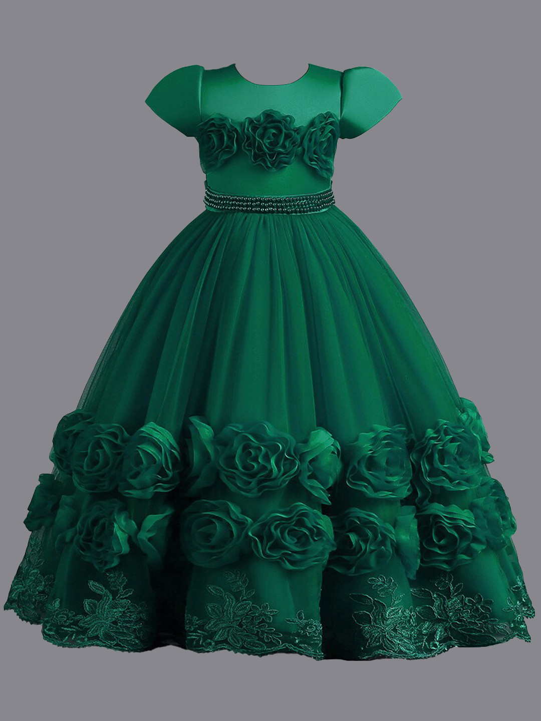 StyleCast Girls Green Floral Embellished Puff Sleeve Maxi Gown Dress