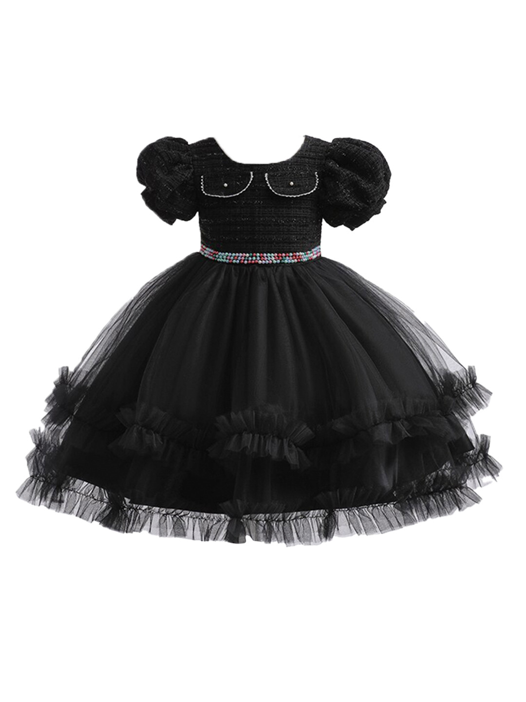 StyleCast Black & vampire black Embellished Puff Sleeve Ruffled Fit & Flare Dress