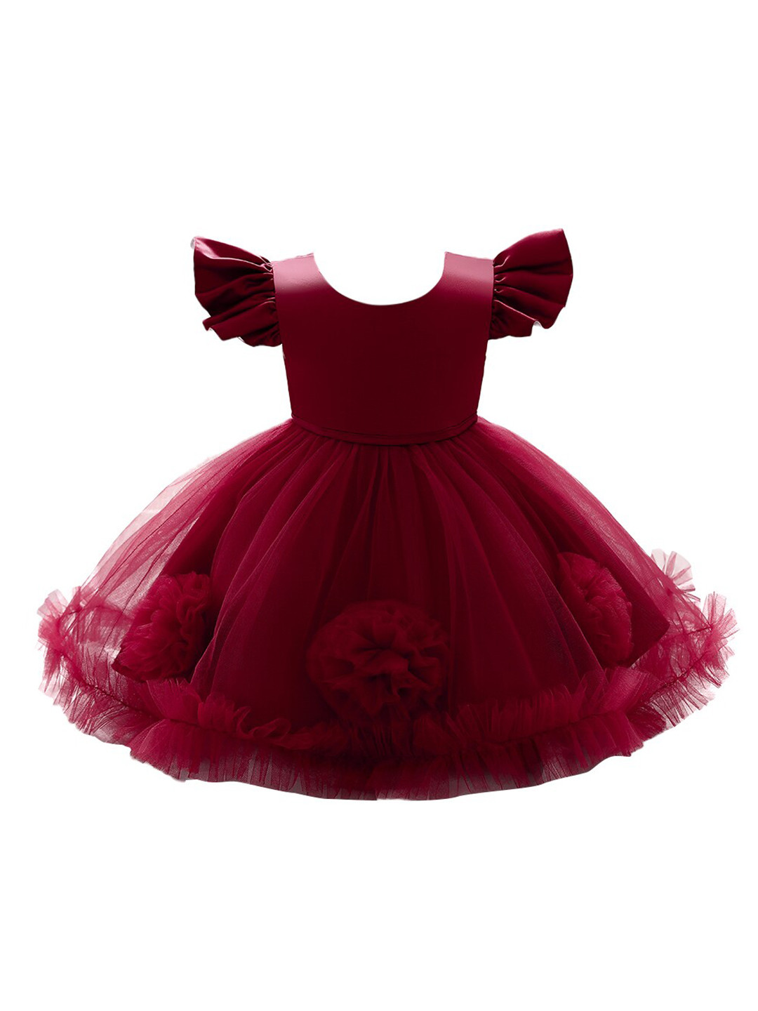 StyleCast Maroon & blood red Flutter Sleeve Applique Fit & Flare Midi Dress