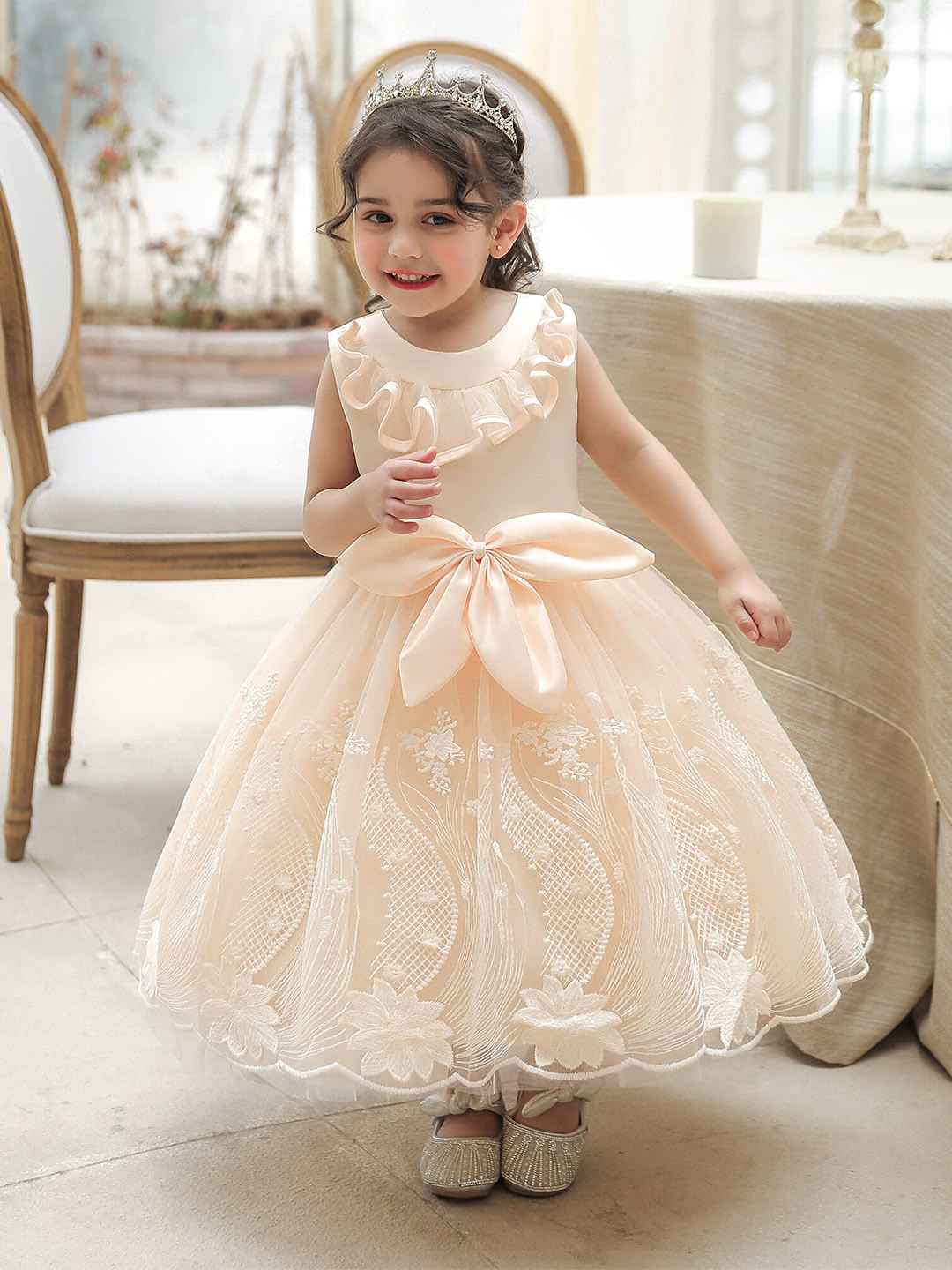 StyleCast Beige Girls Bow Detailed Fit & Flare Maxi Dress