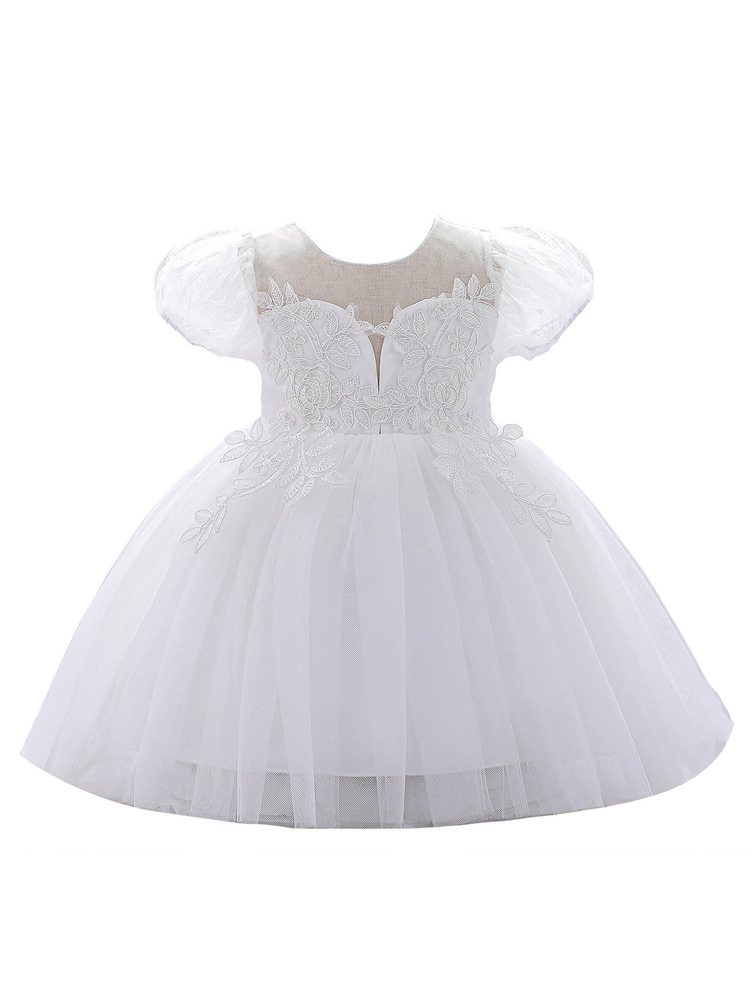 StyleCast White & glacier gray Floral Embroidered Puff Sleeve Fit & Flare Dress