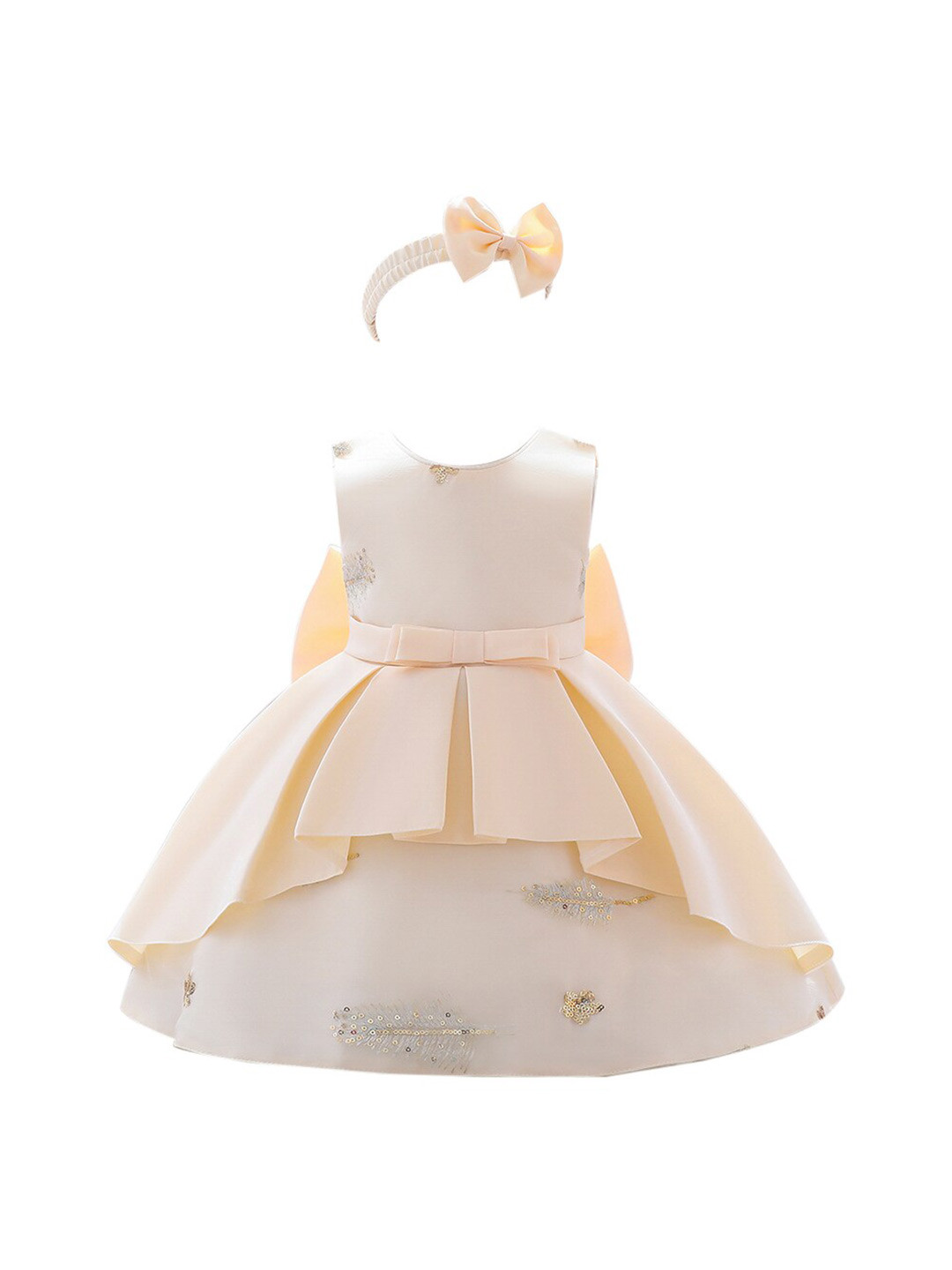StyleCast Girls Champagne-Coloured Embellished Pleated Balloon Dress with Hairband