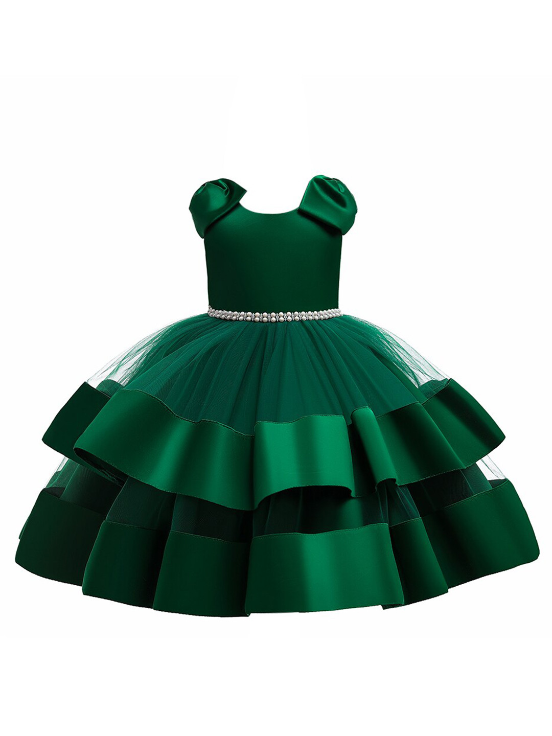 StyleCast Girls Green Embellished Puff Sleeves Gathered Fit & Flare Dress