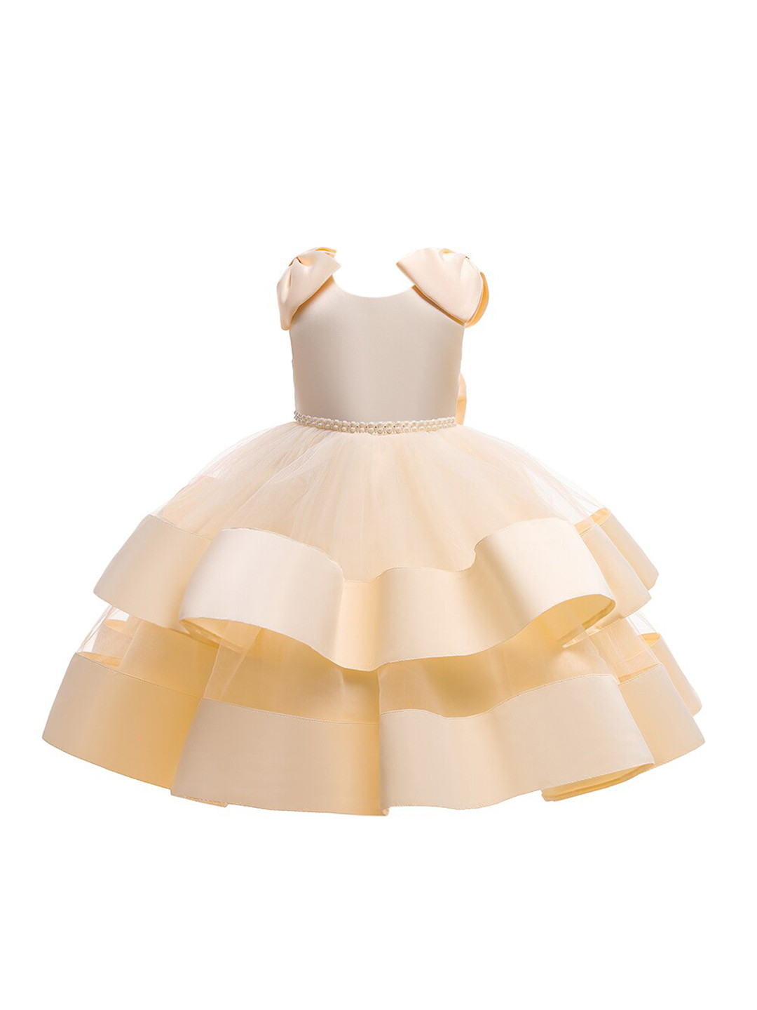 StyleCast Girls Beige Embellished Layered Net Fit & Flare Midi Dress