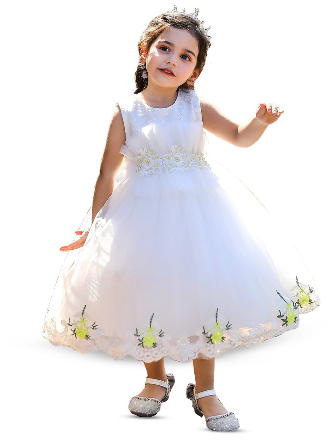 StyleCast Girls White Floral Embrroidered Ruffled Net Fit & Flare Midi Dress