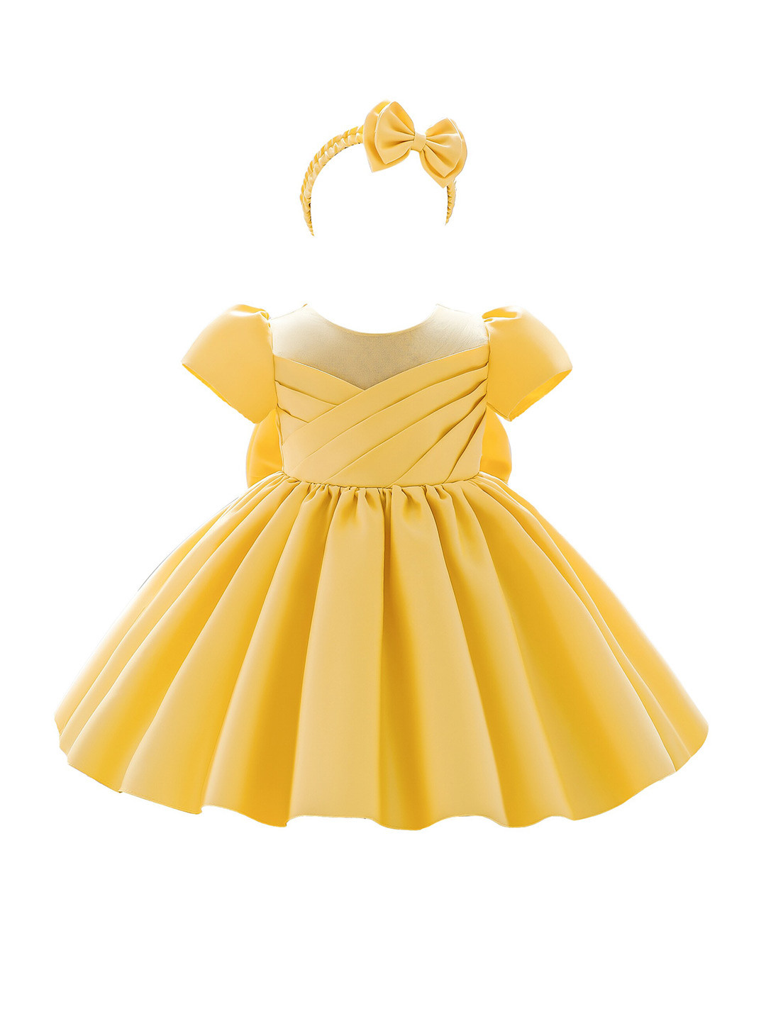StyleCast Girls Yellow Puff Sleeves Pleated Balloon Dress with Hairband