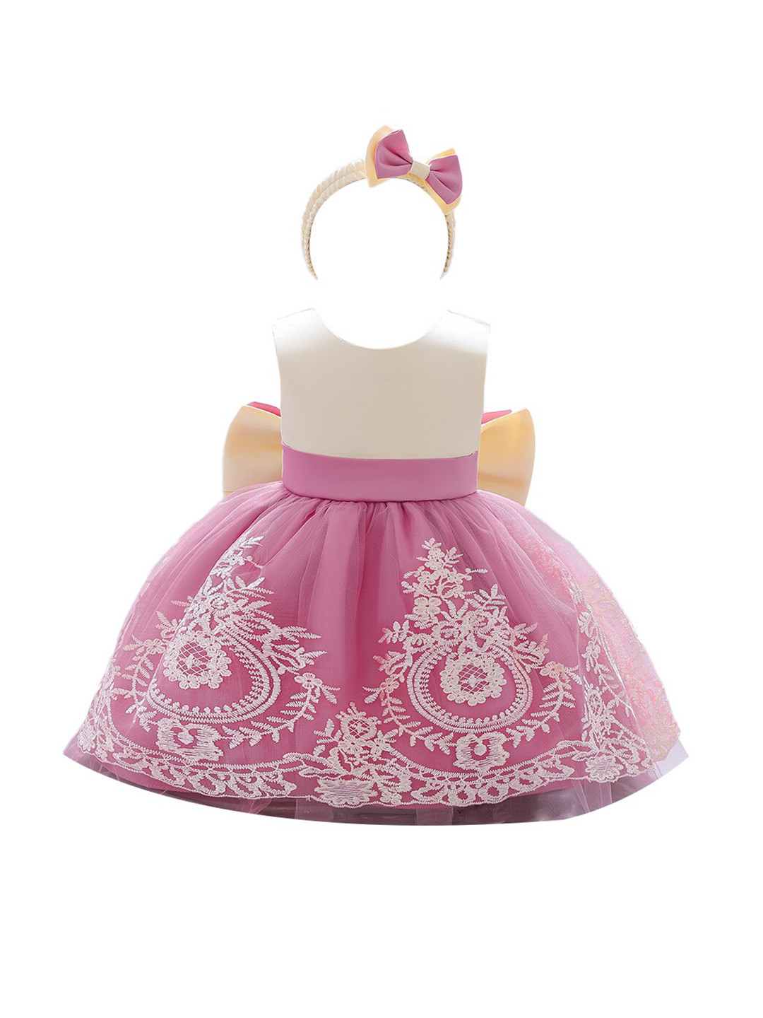 StyleCast Girls Pink & White Bohemian Self Design Bow Detail Balloon Dress With Hairband