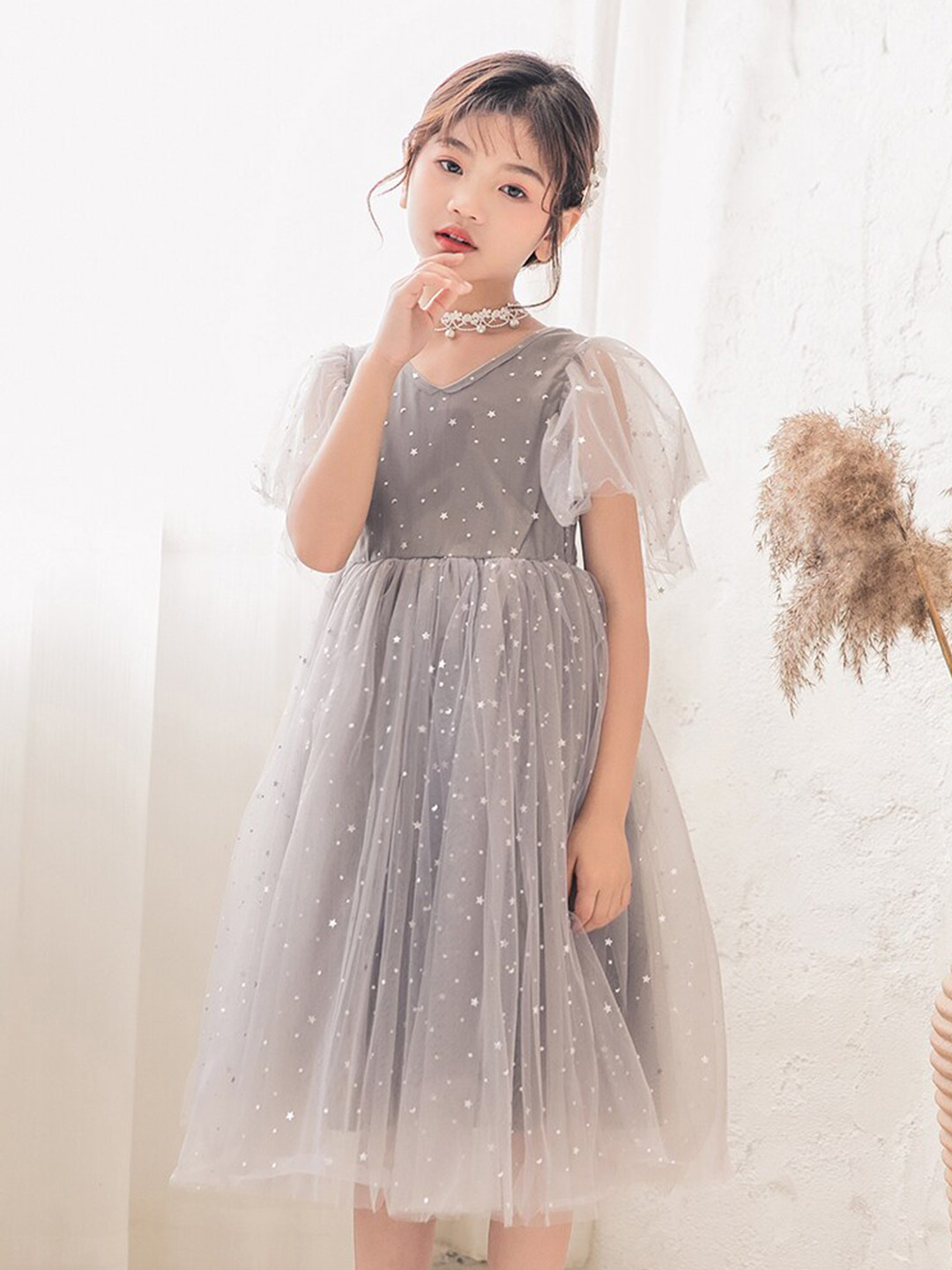 StyleCast Grey Girls Embellished Flared Sleeve Fit & Flare Dress