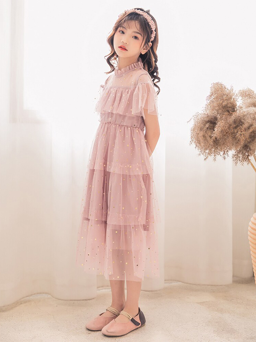 StyleCast Girls Pink Embellished High Neck Ruffled Fit & Flare Midi Dress