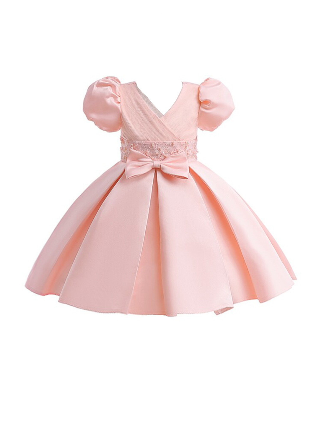 StyleCast Girls Pink Puff Sleeves Beaded & Bow Detail Balloon Dress