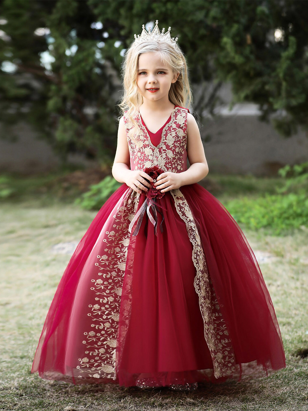 StyleCast Girls Maroon Floral Embroidered Layered Maxi Gown Dress
