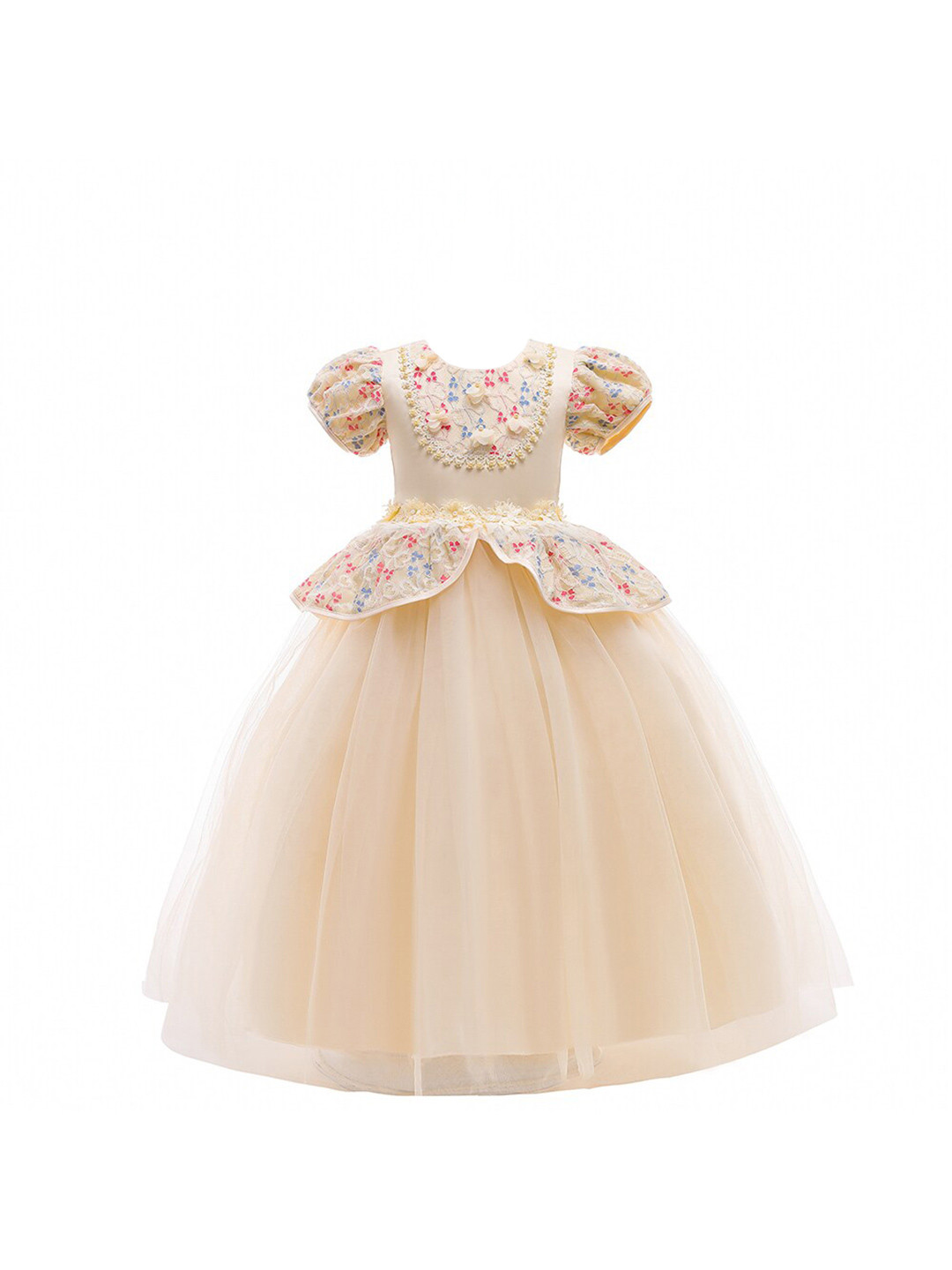StyleCast Girls Champagne & Blue Floral Self Design Lace Fit & Flare Maxi Dress