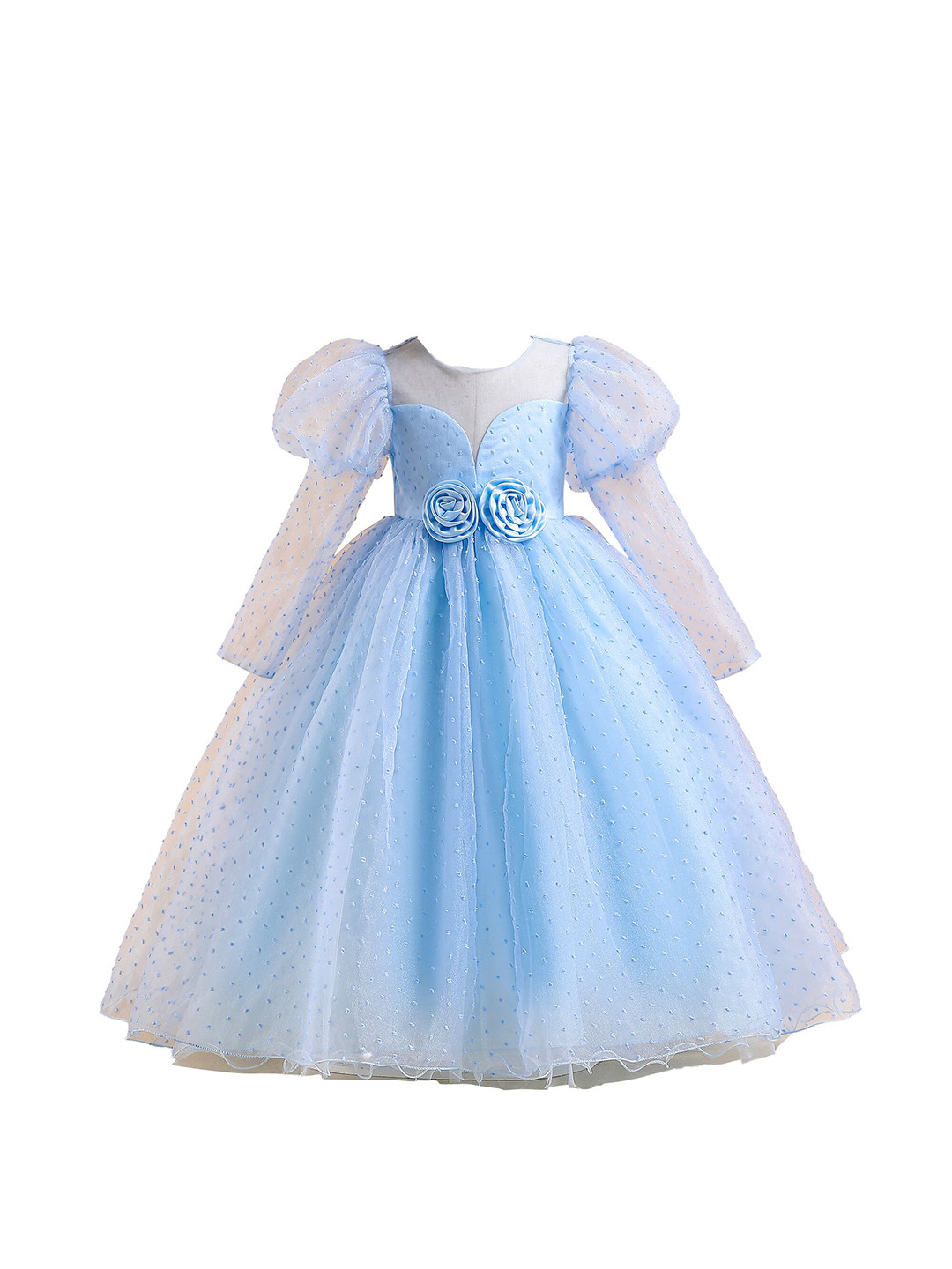 StyleCast Girls Blue Self Design Puff Sleeves Bow Detail Gown Maxi Dress