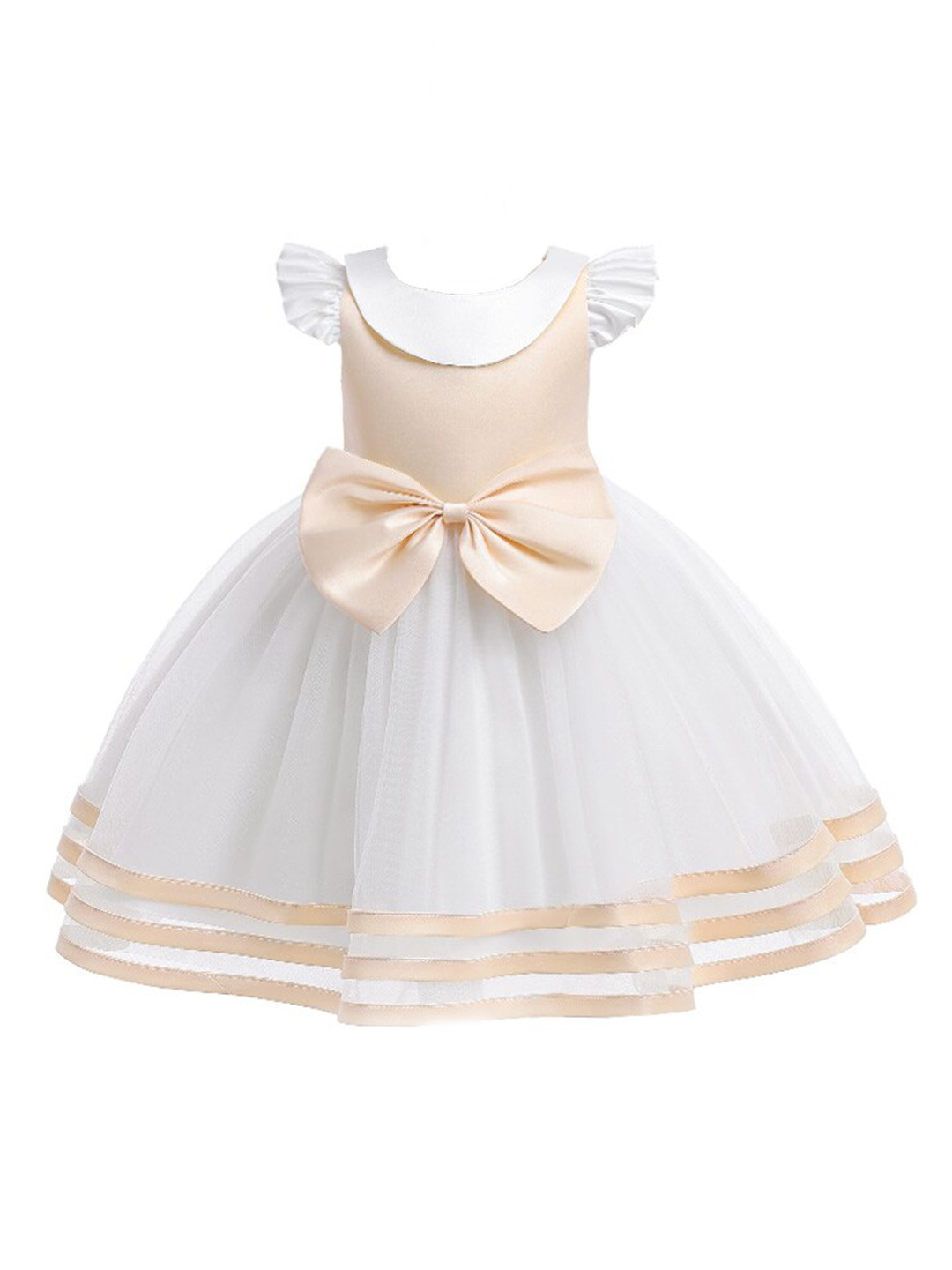 StyleCast Girls White & Beige Colourblocked Cap Sleeves Bow Balloon Dress
