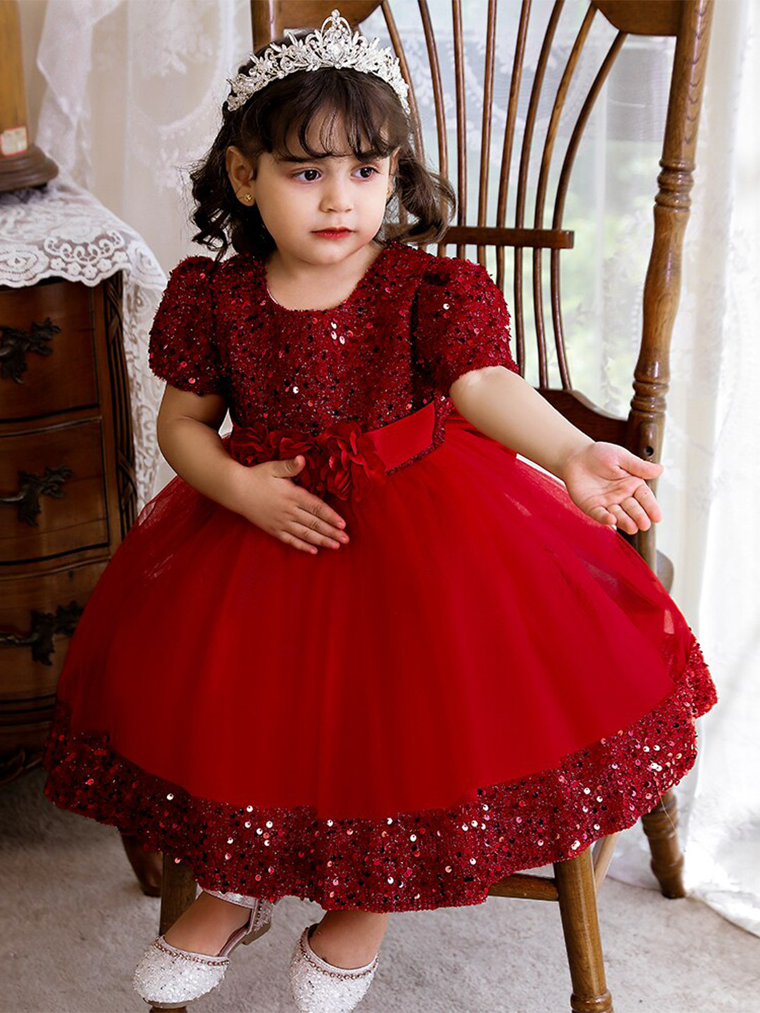 StyleCast Maroon & dark red Embellished Puff Sleeve Fit & Flare Midi Dress