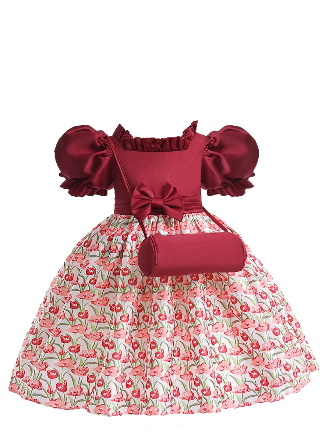 StyleCast Girls Maroon Floral Printed Puff Sleeves Fit & Flare Dress Comes With A Bag