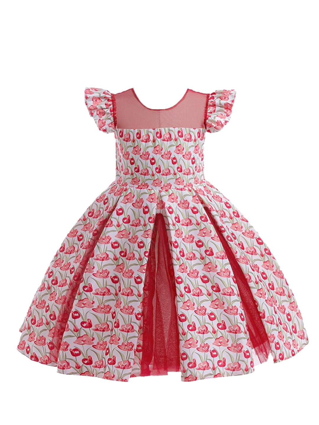 StyleCast Girls Red & White Floral Printed Pleated Fit & Flare Maxi Dress