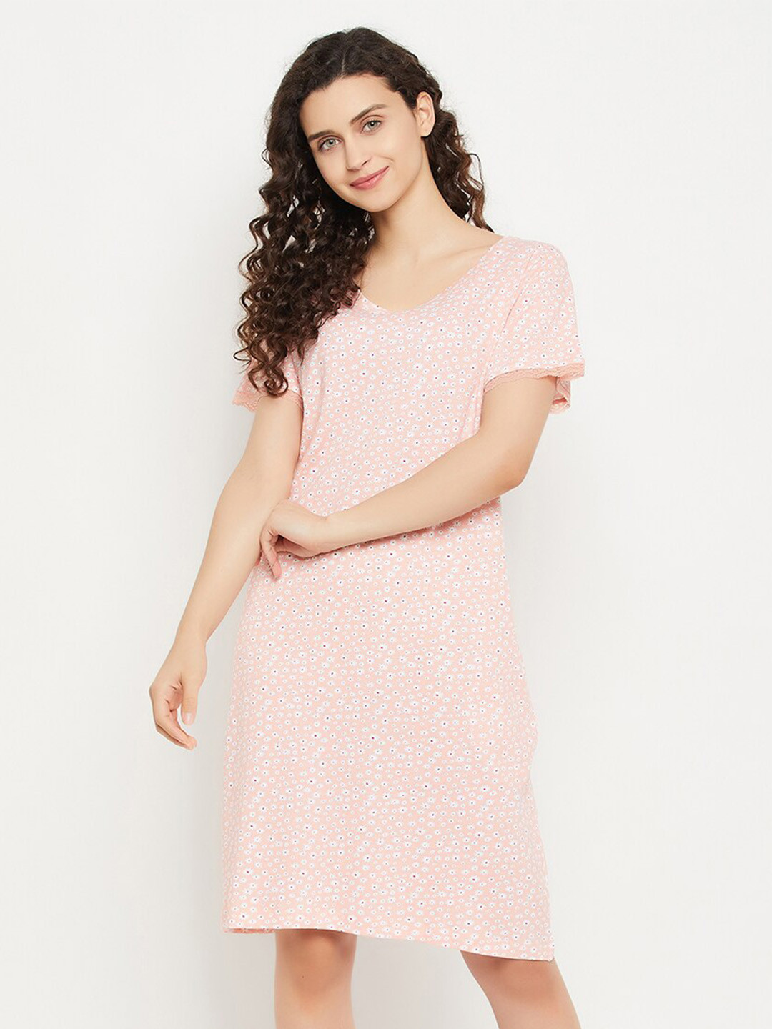 Clovia Peach-Coloured Floral Printed Modal Nightdress
