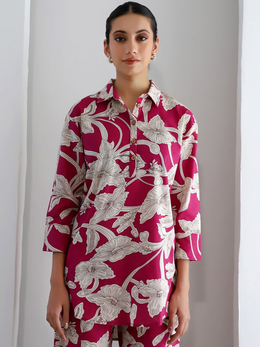 Lake Peace Printed Pure Cotton Shirt Collar Tunic With Trousers