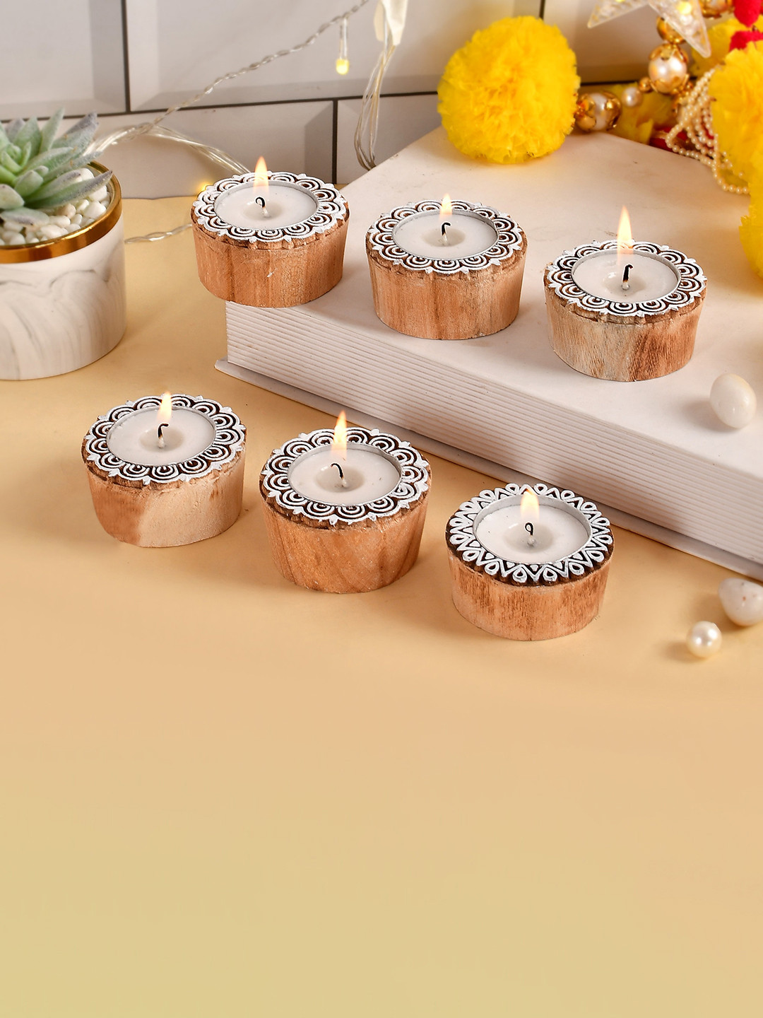 COOPTIC Grey & Beige 6 Pcs Tea Light Candle Holder Stand Round Shape Block Diya