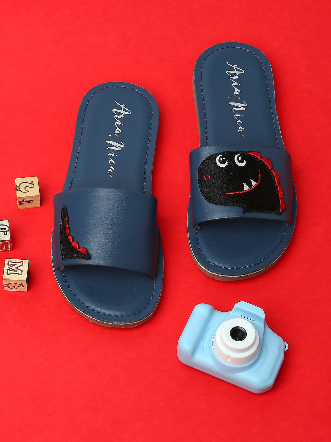 Aria Nica Boys T-Rex Applique Detail Leather Comfort Sandals