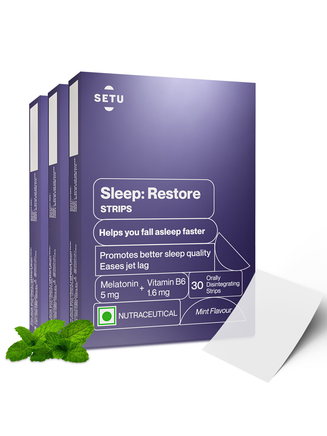 Setu Pack of 3 Sleep Restore Melatonin 30 Orally Dissolving Strips 5mg - Mint