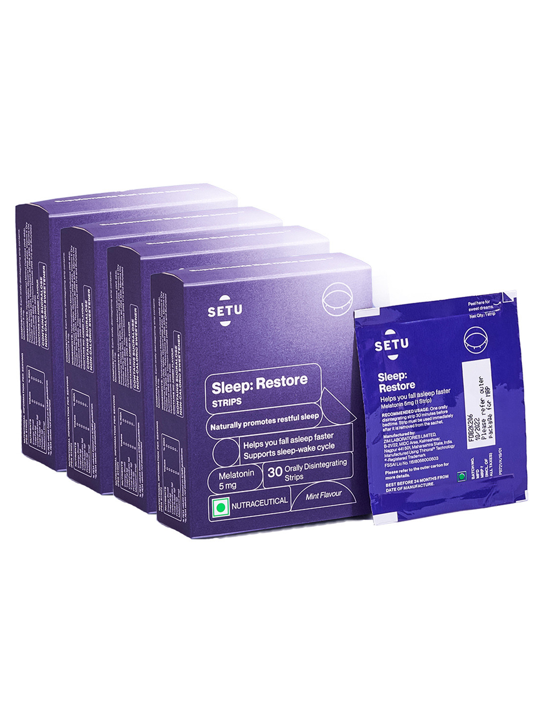 Setu Pack of 4 Melatonin 30 Orally Dissolving Strips 5mg & Eye Mask - Mint