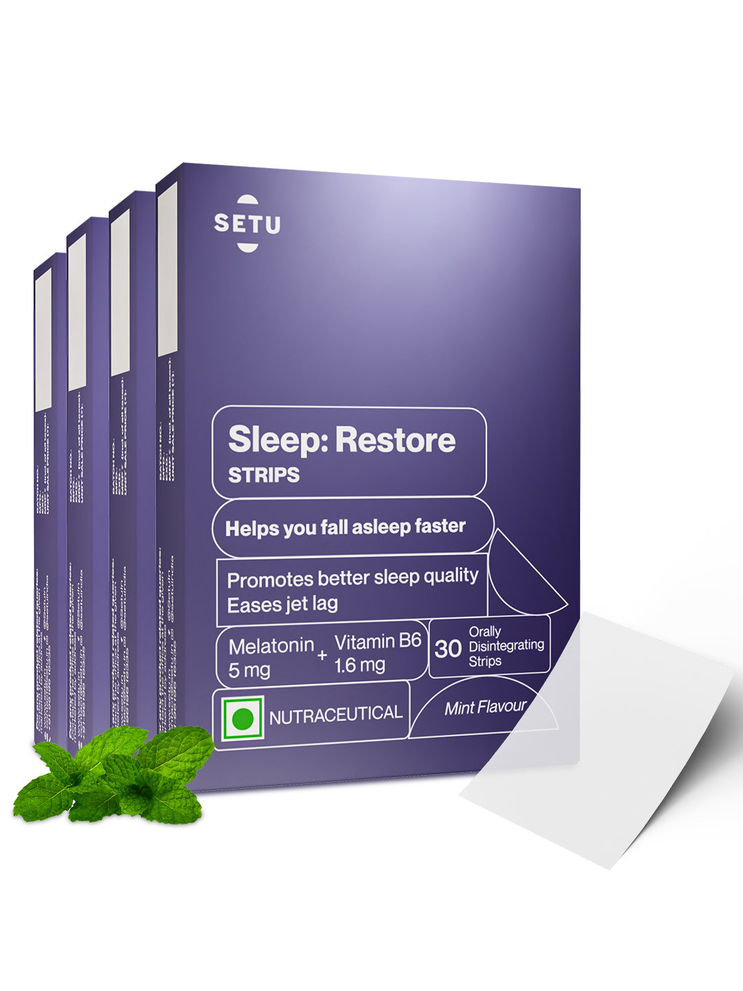 Setu Pack of 4 Sleep Restore Melatonin 30 Orally Dissolving Strips - 5mg Mint Flavor