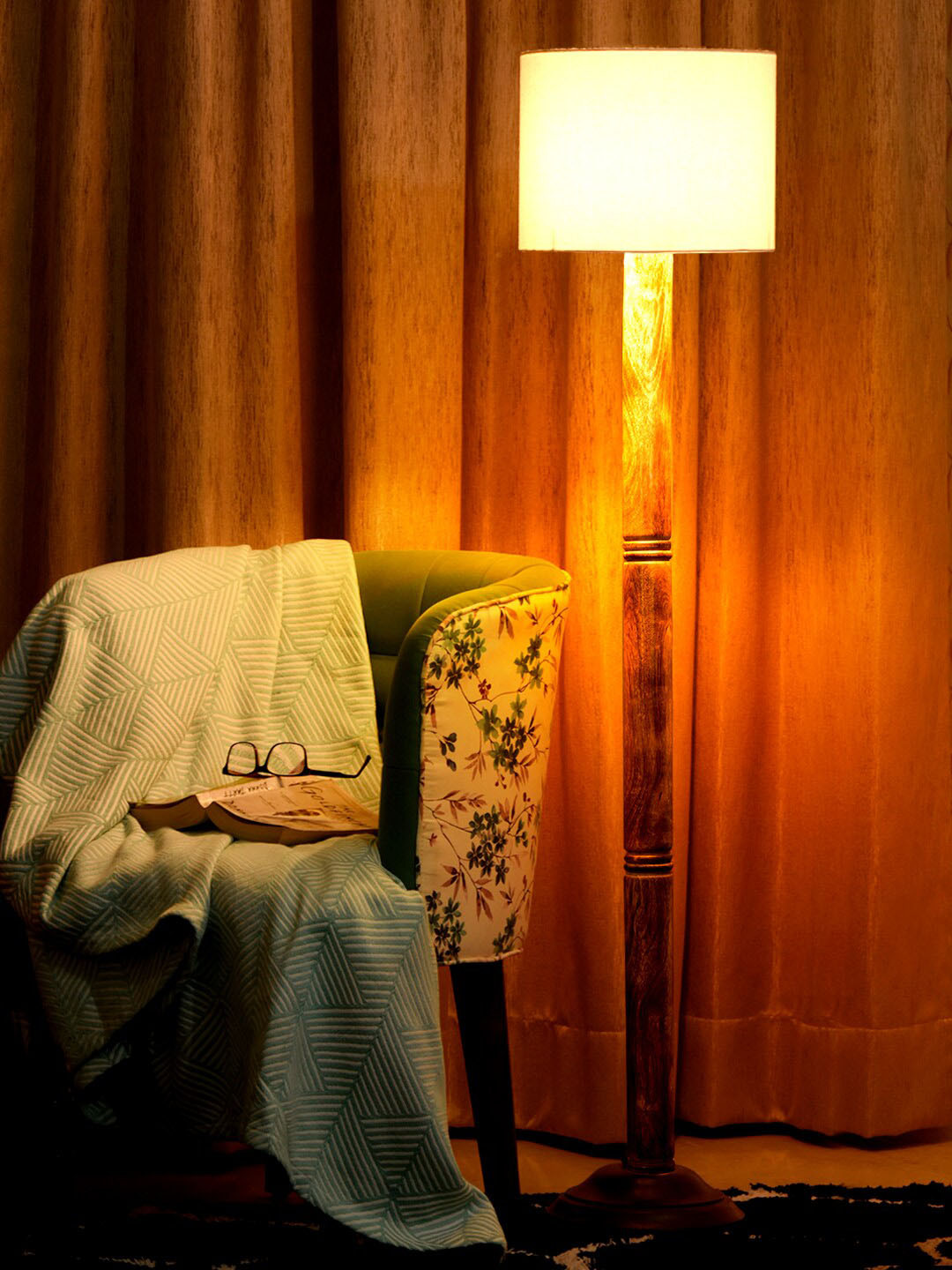 green girgit White & Brown Cylindrical Shape Floor Lamp With Shade