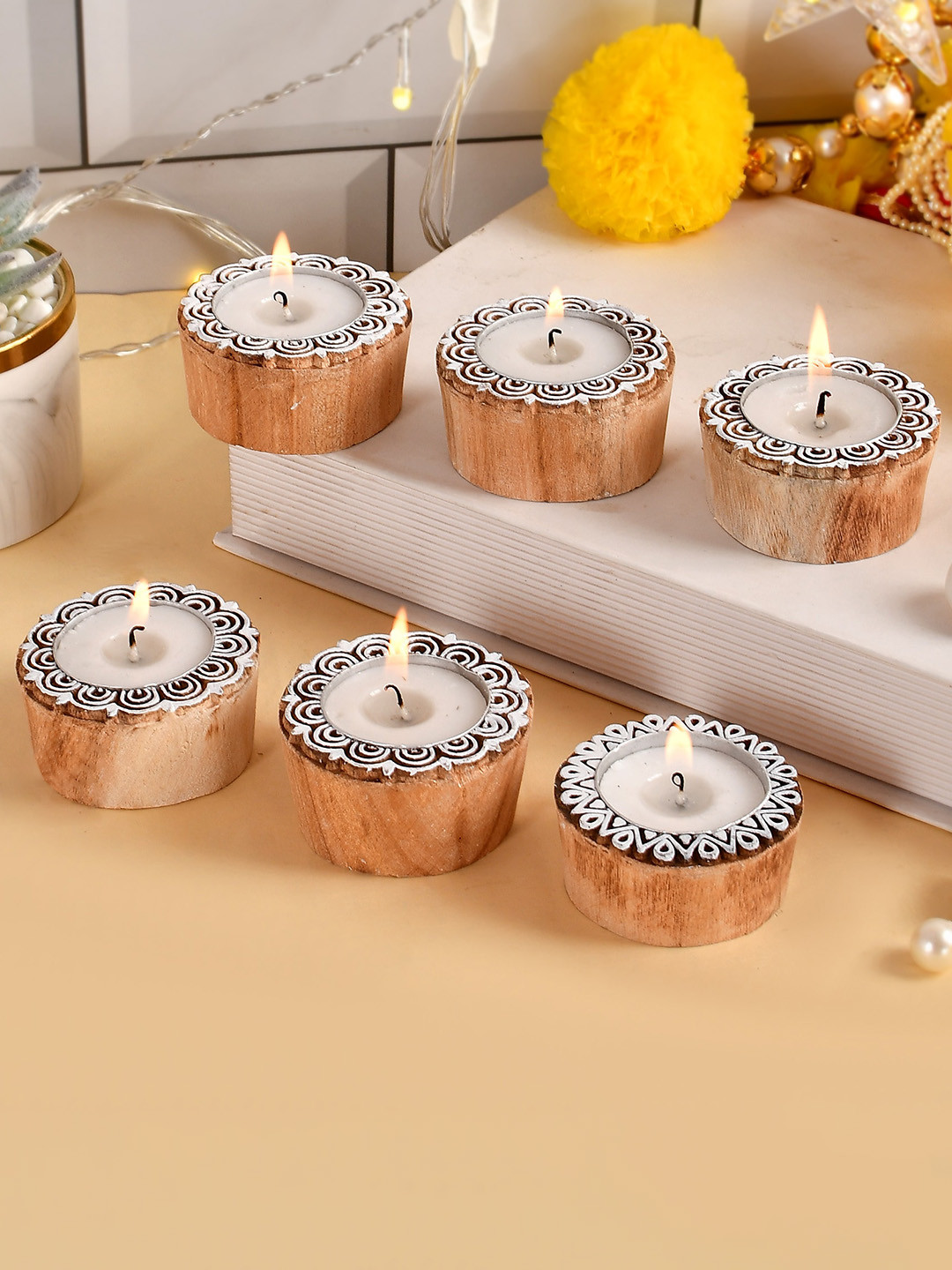 COOPTIC Set Of 10 Round Block Wooden Tea Light Candle Holder