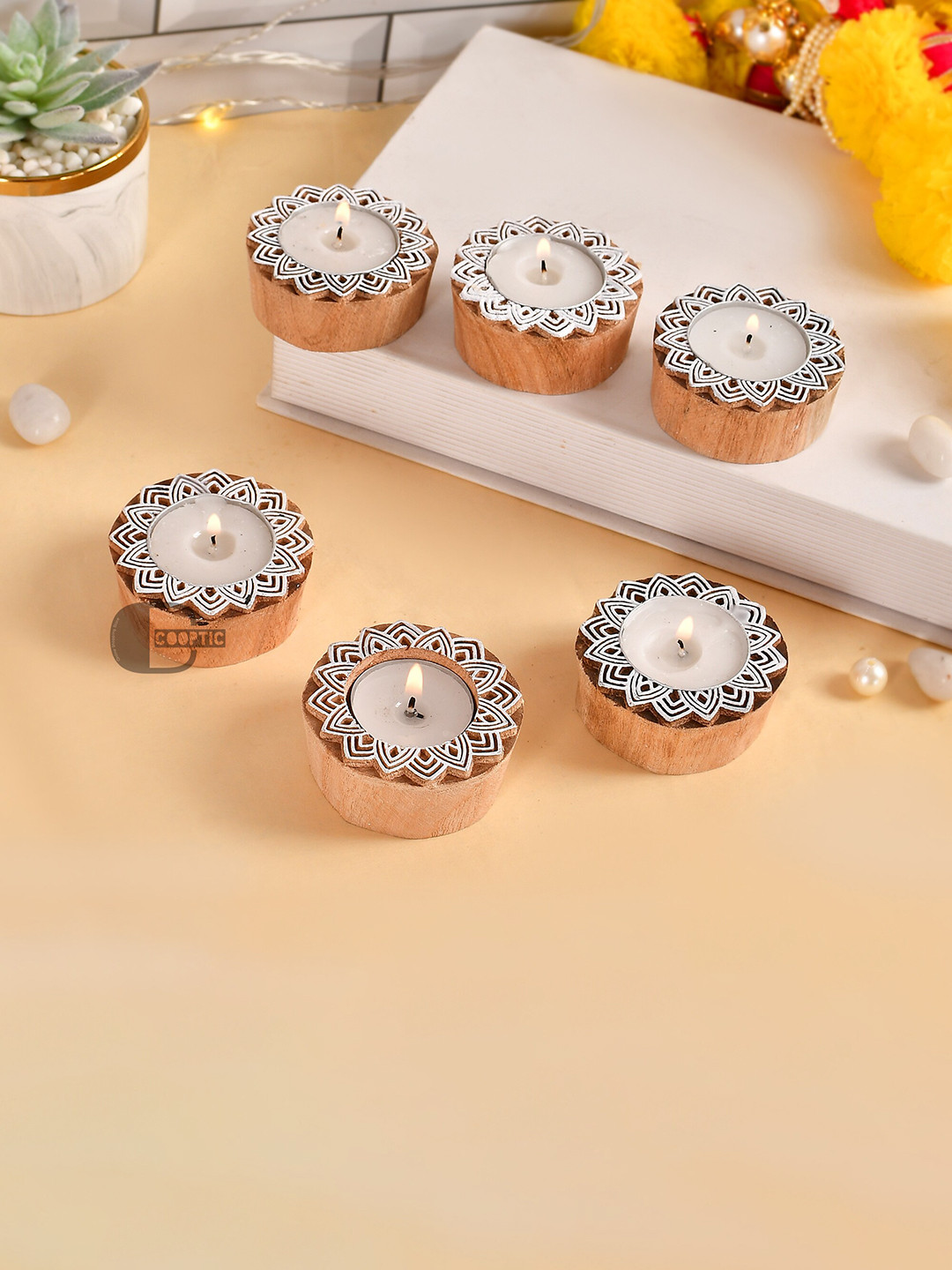 COOPTIC Set Of 15 Round Lotus Block Wooden Tea Light Candle Holder