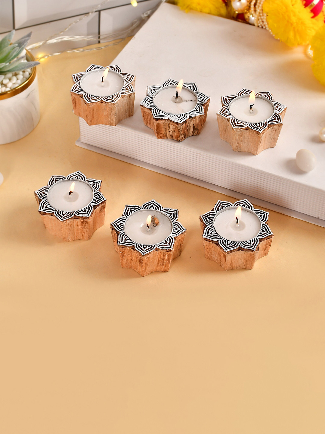 COOPTIC Set Of 5 Round Lotus Block Wooden Tea Light Candle Holder