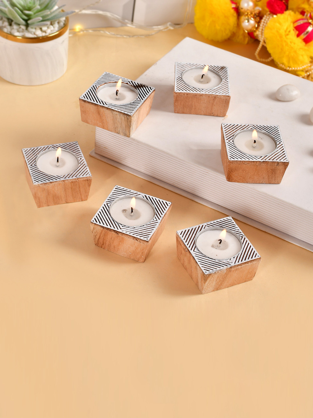 COOPTIC Brown 6 Pieces Square Block Wooden Tea Light Candle Holders