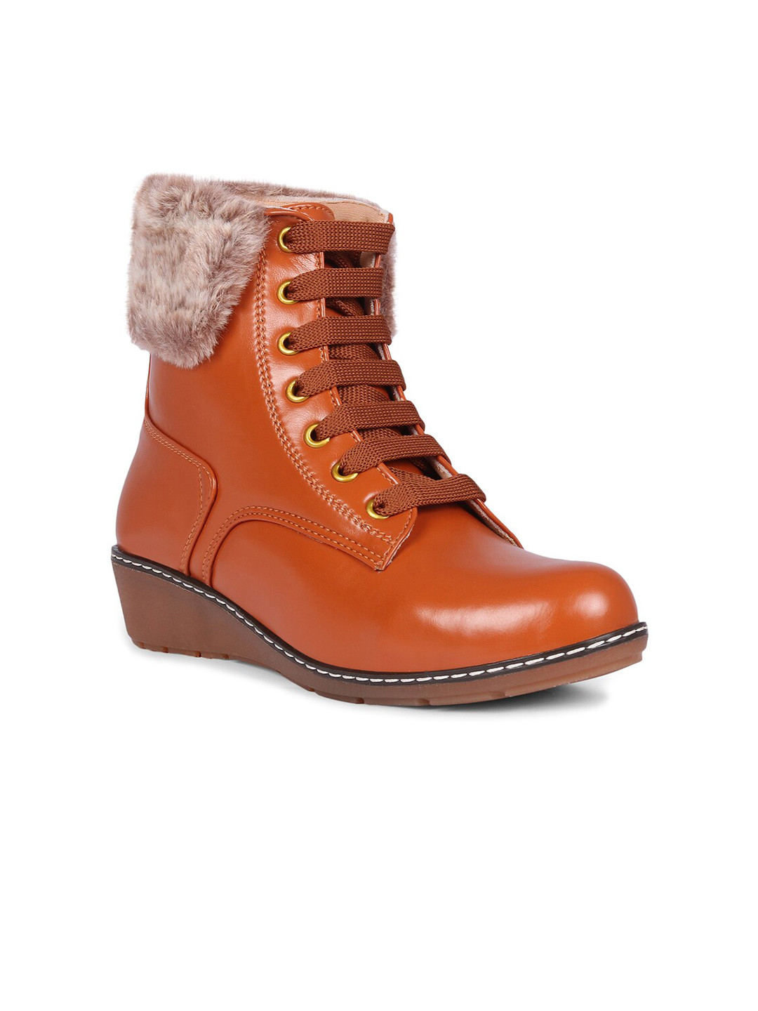 The Roadster Lifestyle Co. Women Tan Brown Mid Top Wedge Faux Fur Trim Regular Boots
