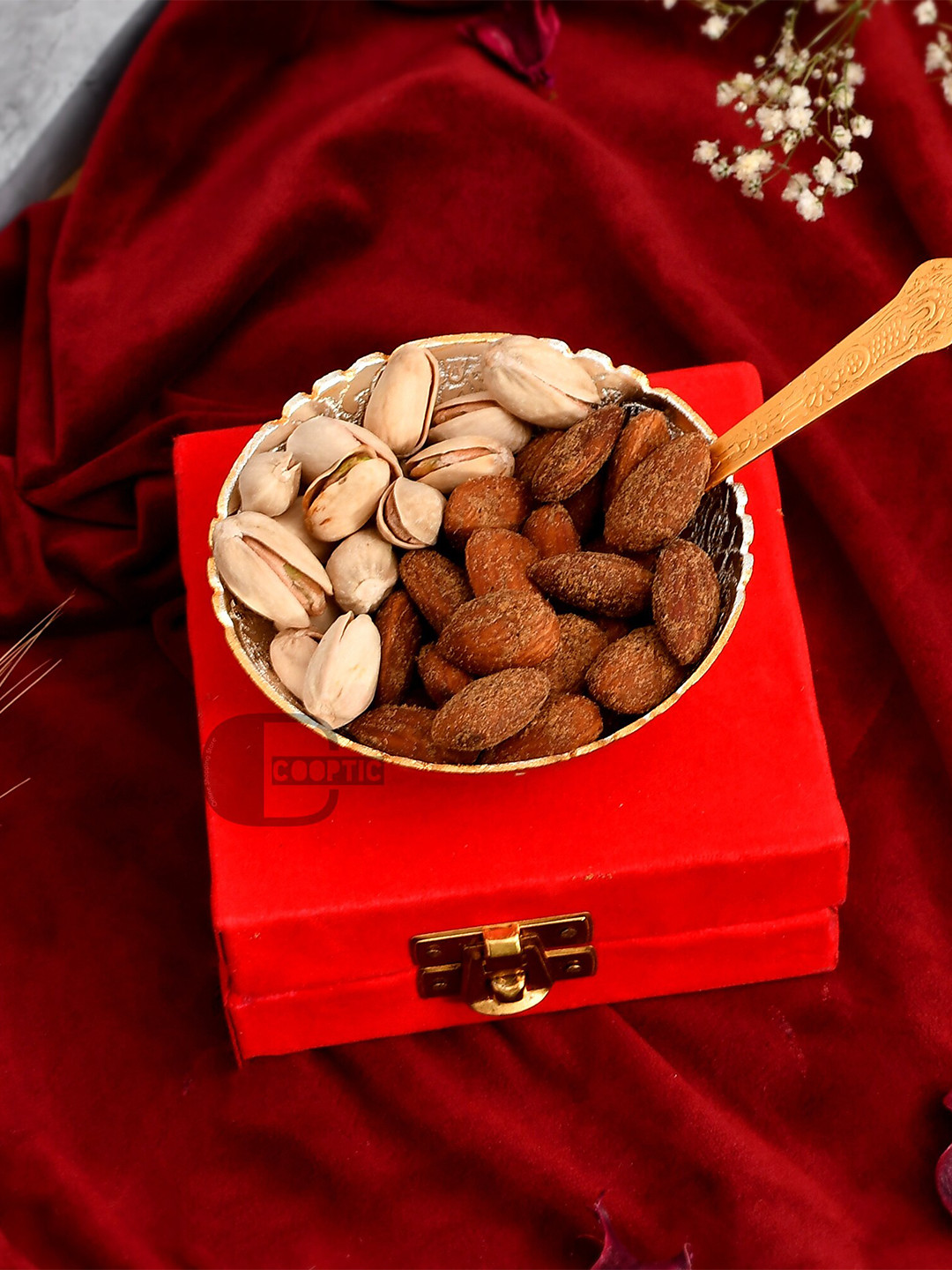 COOPTIC Silver Toned 2 Pieces Bunda Bowl and Spoon with Velvet Box