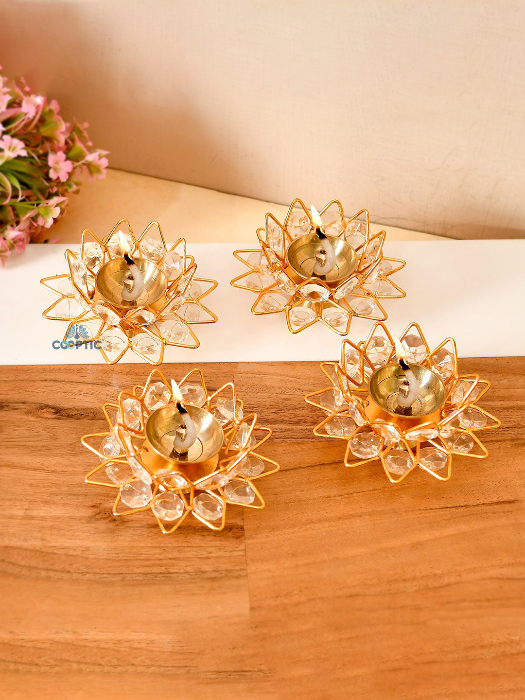 COOPTIC Gold Toned 4 Pieces Crystal Engraved Nag Kamal Akhand Jyoti Diyas