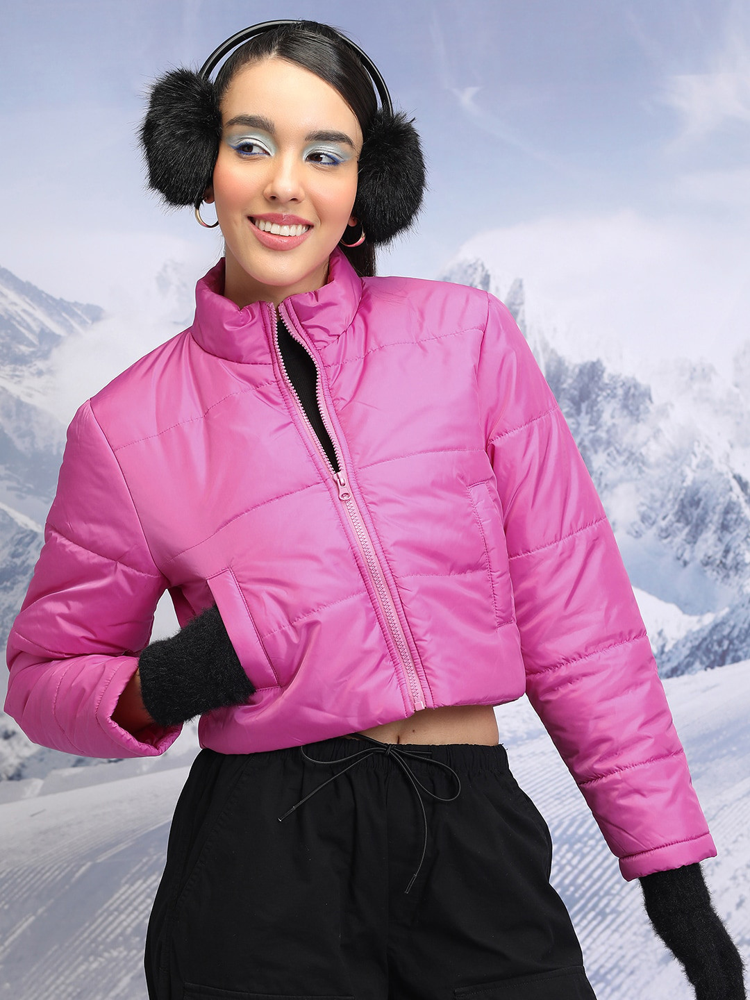 Tokyo Talkies Pink Mock Collar Crop Puffer Jacket