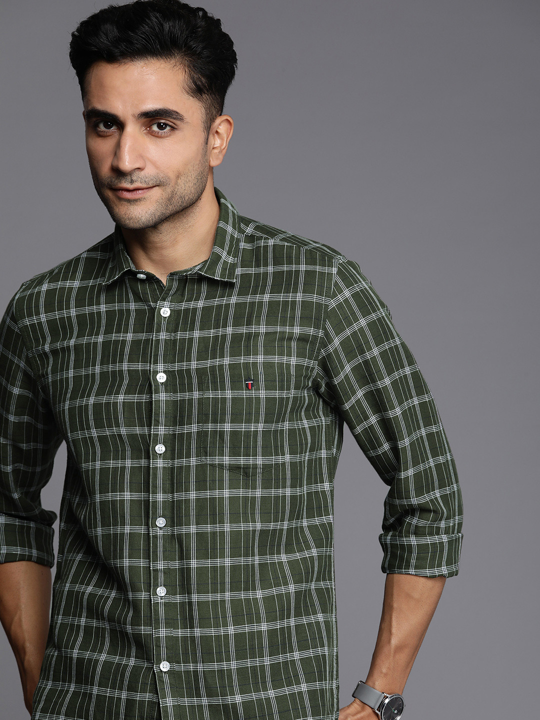 Louis Philippe Jeans Super Slim Fit Checked Cotton Linen Casual Shirt