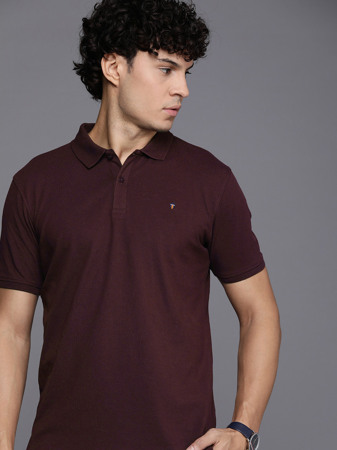 Men Slim Fit Textured Collar Solid Pique Half Sleeve Polo Tshirt