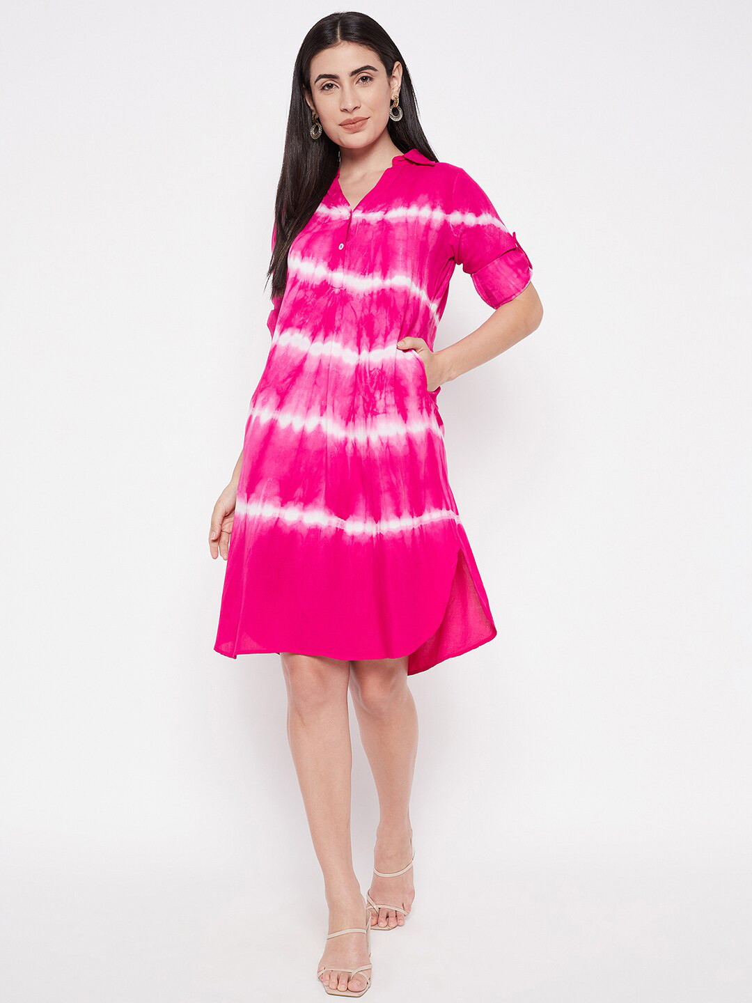 BAESD Pink Tie and Dye Dyed Shirt Collar A-Line Dress