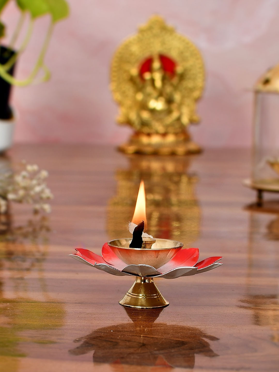 COOPTIC Gold Toned Red Lotus Kamal Patti Flower Shaped Oil Diya