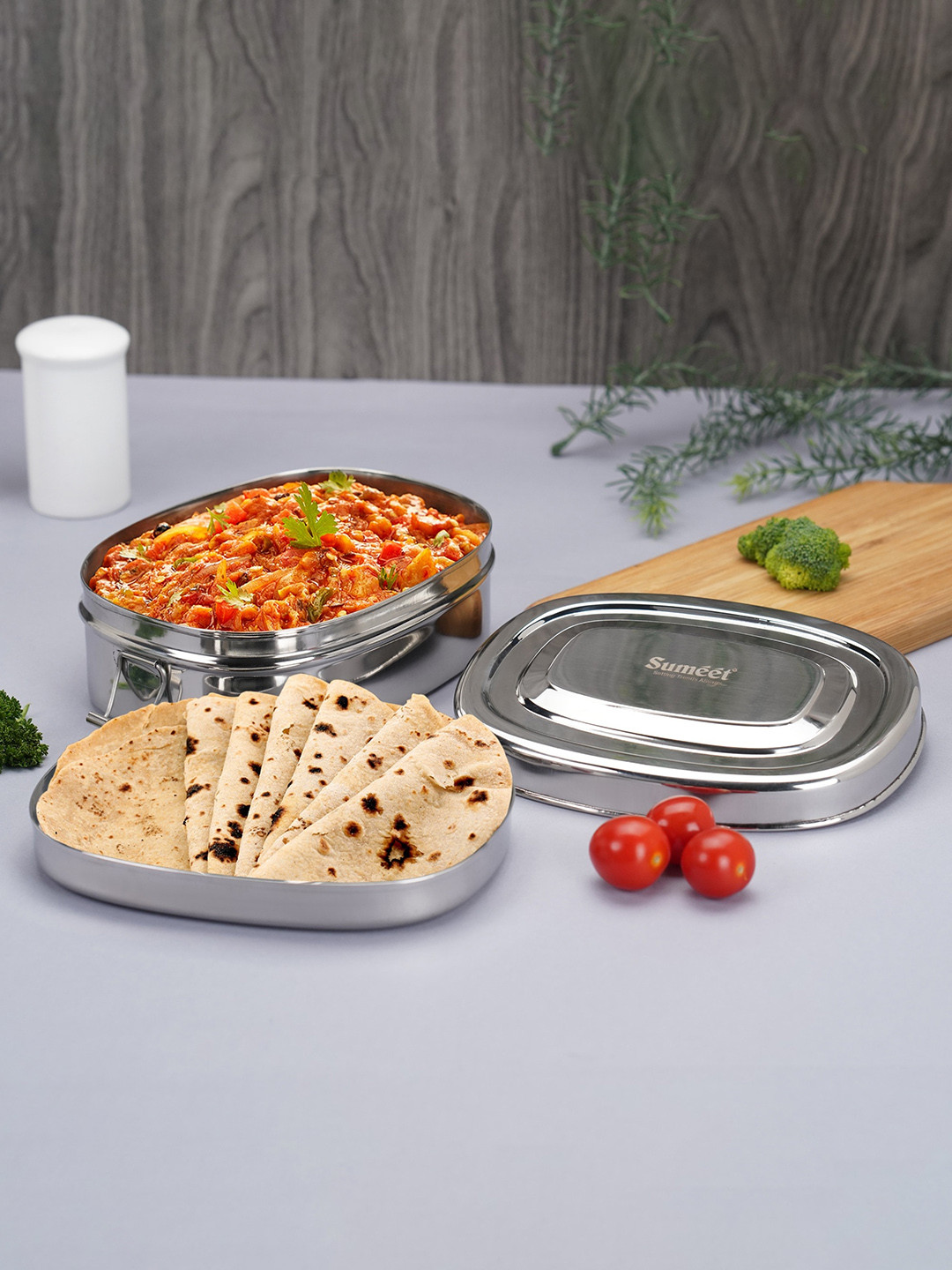 Sumeet Stainless Steel Rectangle Lunch Box 2 Compartments and Locking Clip 1 L