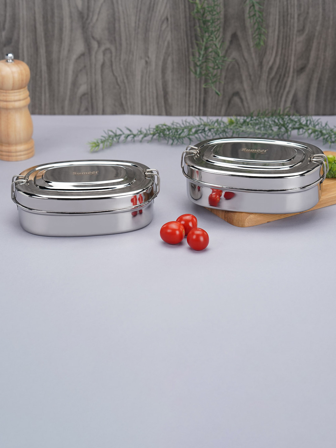 Sumeet Silver Solid Stainless Steel Dishwasher Safe 2PCs Lunch Box With Spoon and Fork