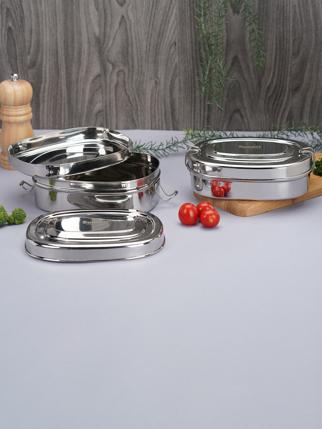 Sumeet Silver Solid Stainless Steel Dishwasher Safe 2PCs Lunch Box With Spoon and Fork