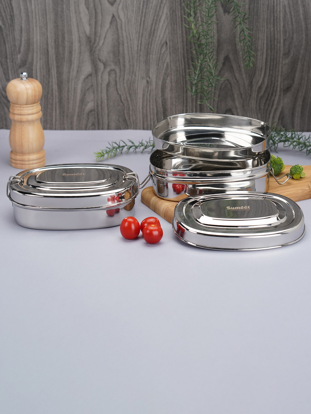 Sumeet Silver Solid Stainless Steel Dishwasher Safe 2PCs Lunch Box With Spoon and Fork