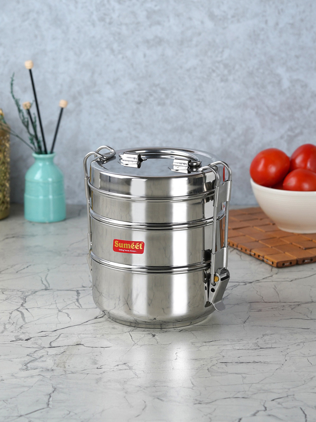 Sumeet Small Size Stainless Steel Dishwasher Safe Lunch Box With Spoon and Fork